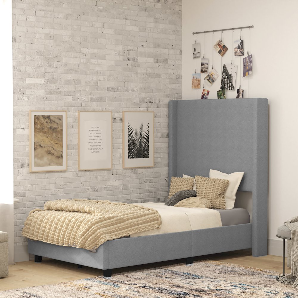 Mayra Twin Upholstered Platform Bed with Channel Stitched Wingback Headboard, Grey