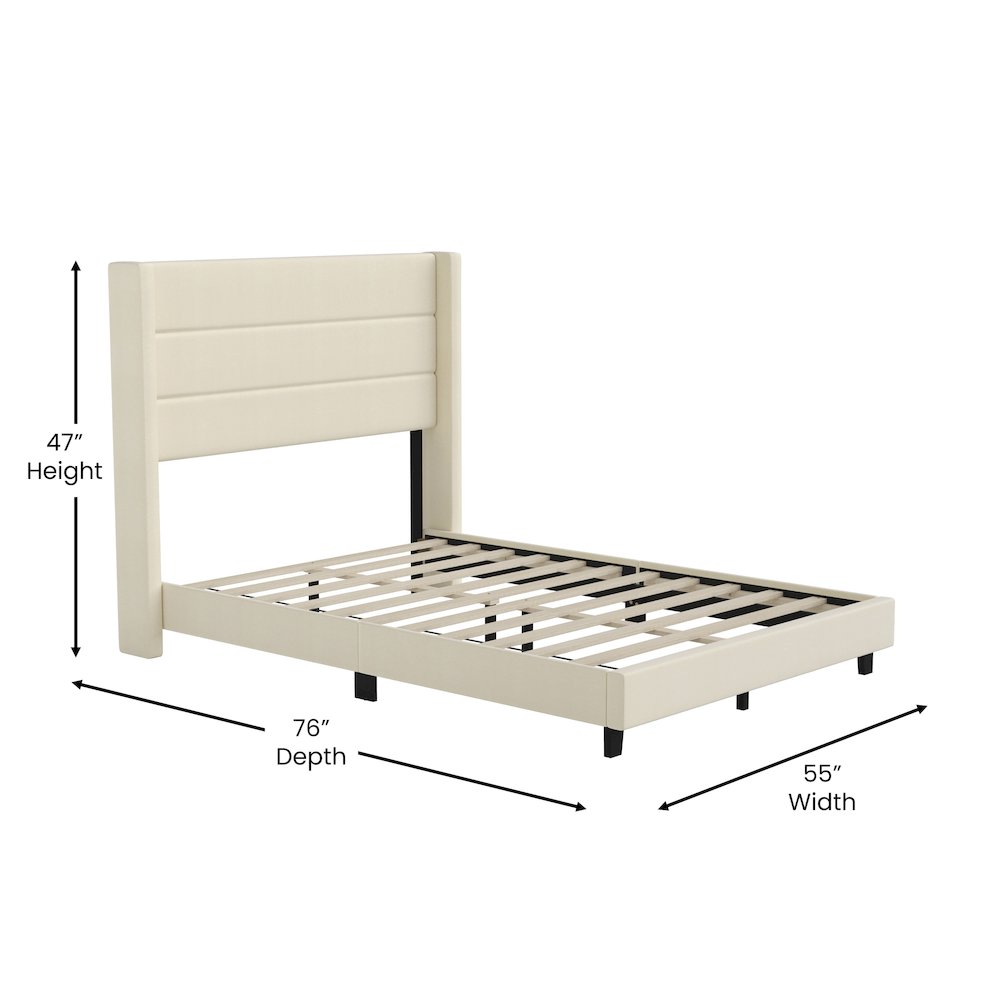 Melissa Full Upholstered Platform Bed with Wingback Headboard, Beige Faux Linen