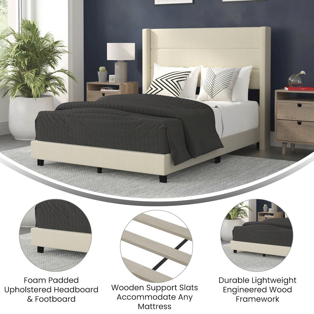 Melissa Full Upholstered Platform Bed with Wingback Headboard, Beige Faux Linen