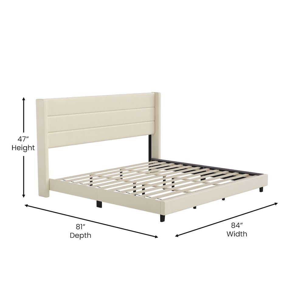 Hollis King Upholstered Platform Bed with Wingback Headboard, Beige