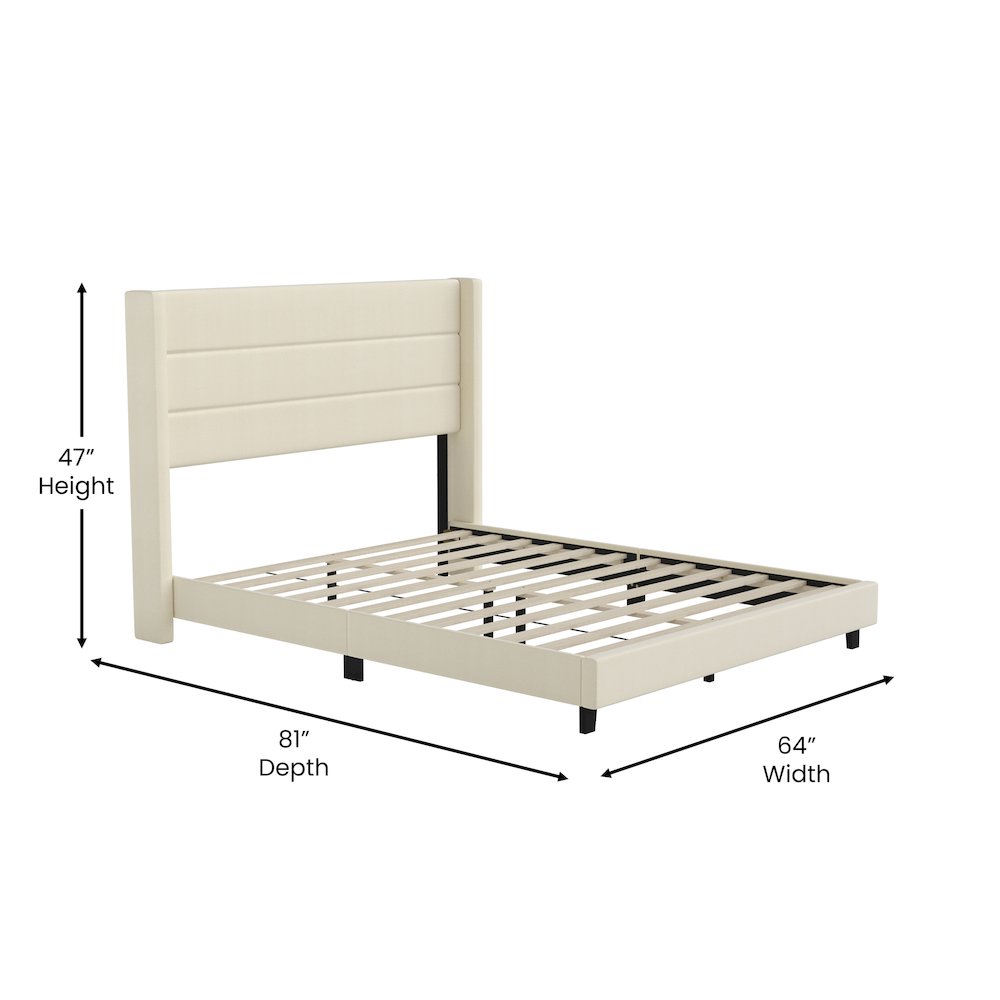 Hollis Queen Upholstered Platform Bed with Wingback Headboard, Beige