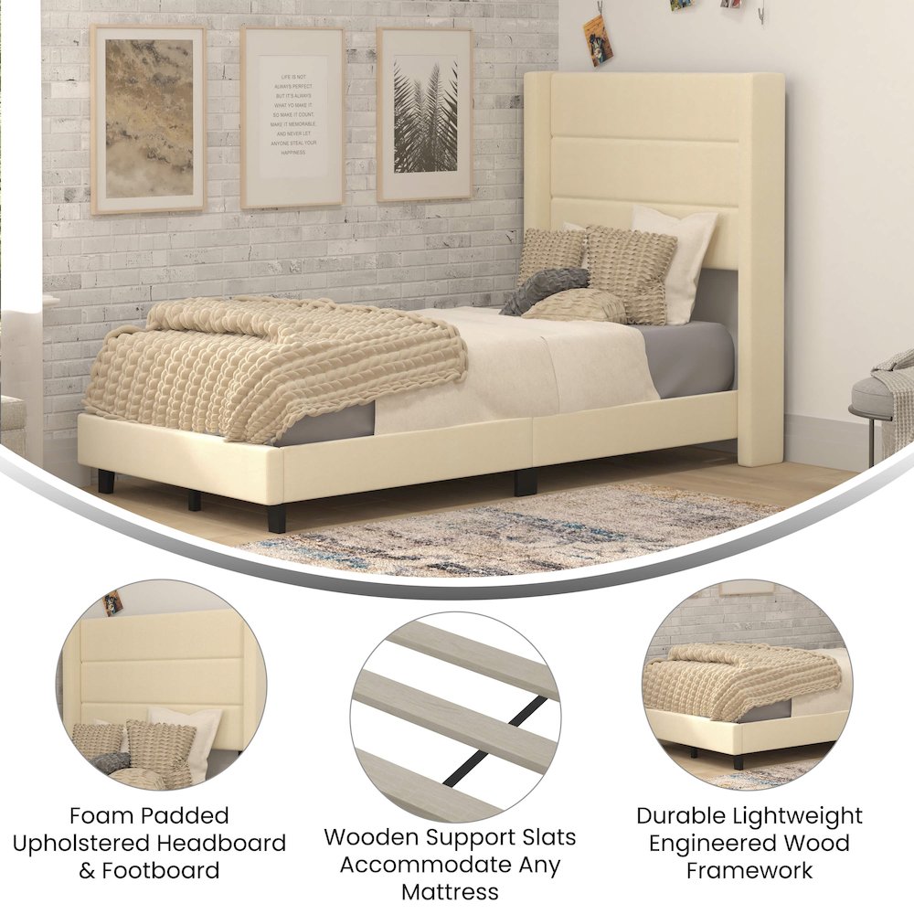Hollis Twin Upholstered Platform Bed with Wingback Headboard, Beige
