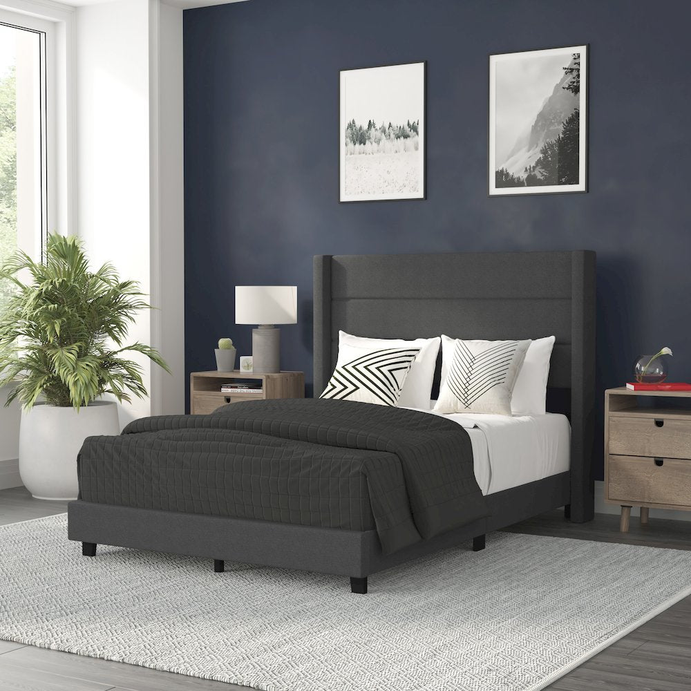 Hollis Full Upholstered Platform Bed with Wingback Headboard, Grey