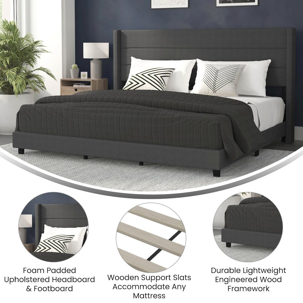 Melissa King Upholstered Platform Bed with Wingback Headboard, Charcoal Faux Linen