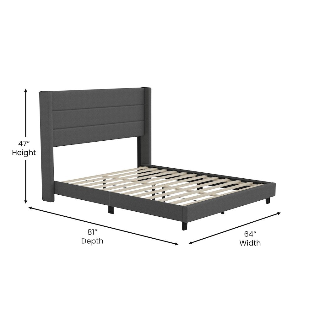 Hollis Queen Upholstered Platform Bed with Wingback Headboard, Grey