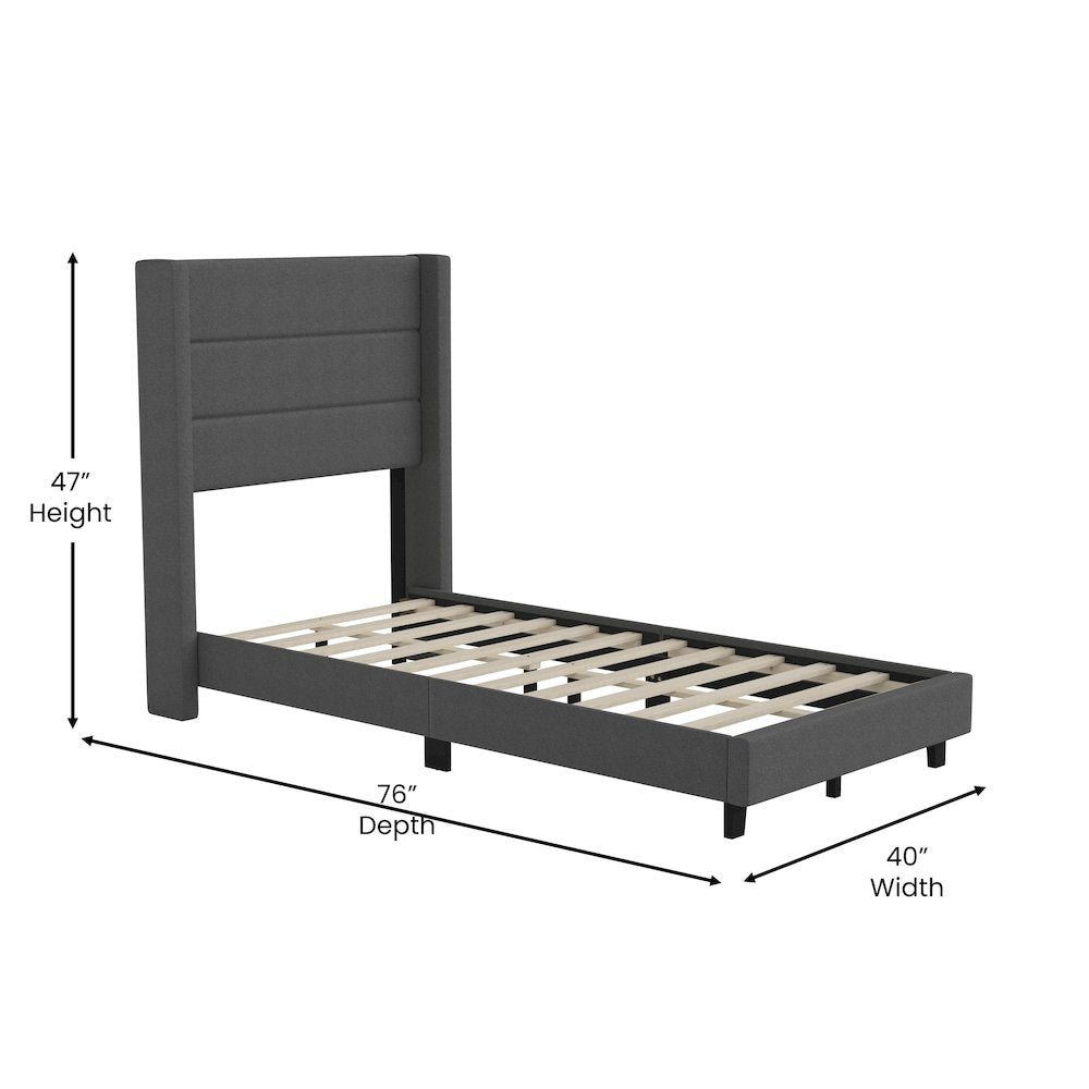 Hollis Twin Upholstered Platform Bed with Wingback Headboard, Grey