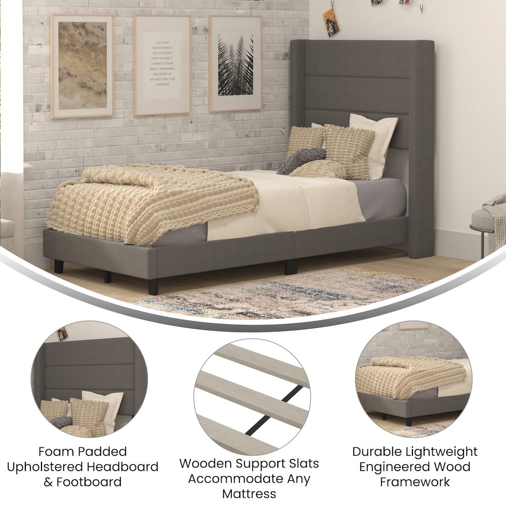 Hollis Twin Upholstered Platform Bed with Wingback Headboard, Grey
