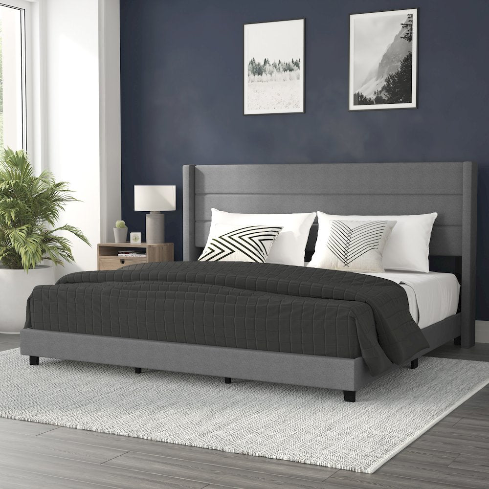 Hollis King Upholstered Platform Bed with Wingback Headboard, Grey