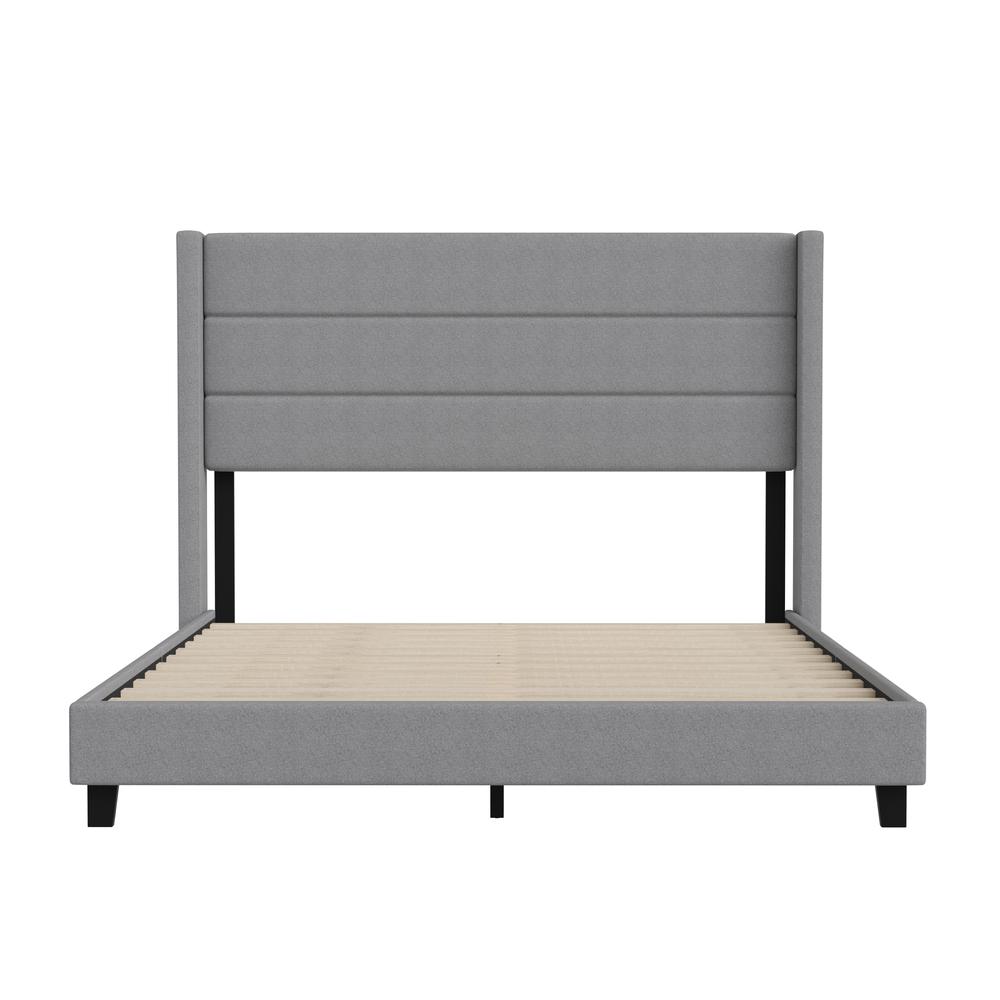 Melissa Queen Upholstered Platform Bed with Wingback Headboard, Grey Faux Linen