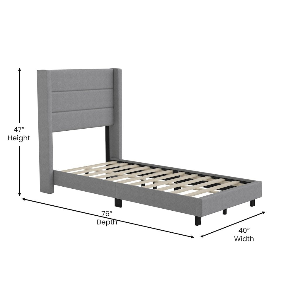 Melissa Twin Upholstered Platform Bed with Wingback Headboard, Grey Faux Linen