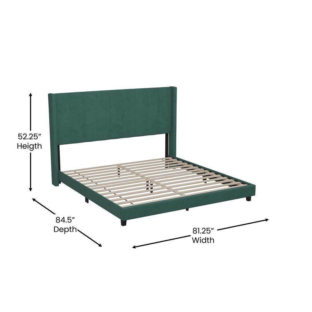 King Upholstered Platform Bed with Vertical Stitched Headboard, Emerald Velvet