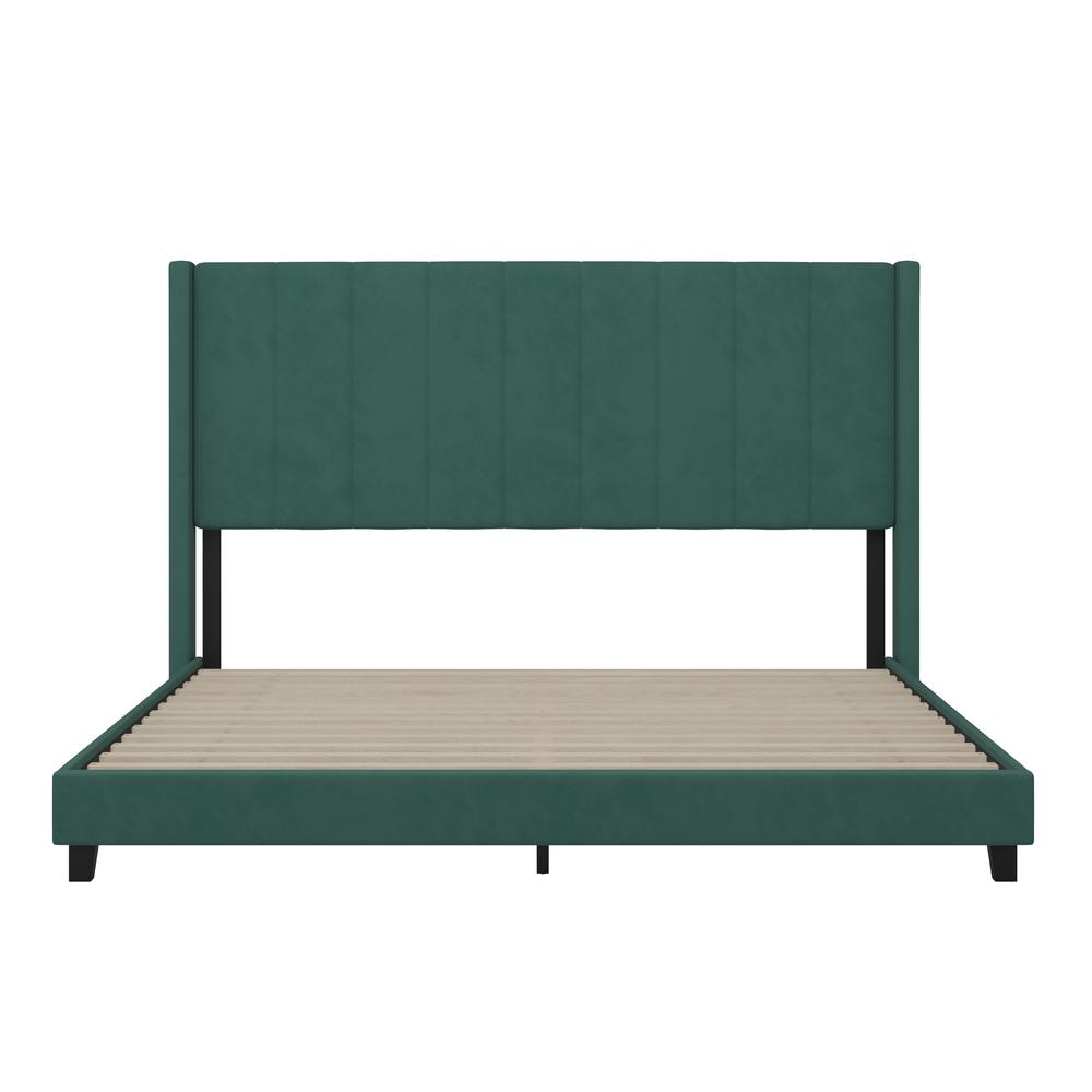 King Upholstered Platform Bed with Vertical Stitched Headboard, Emerald Velvet