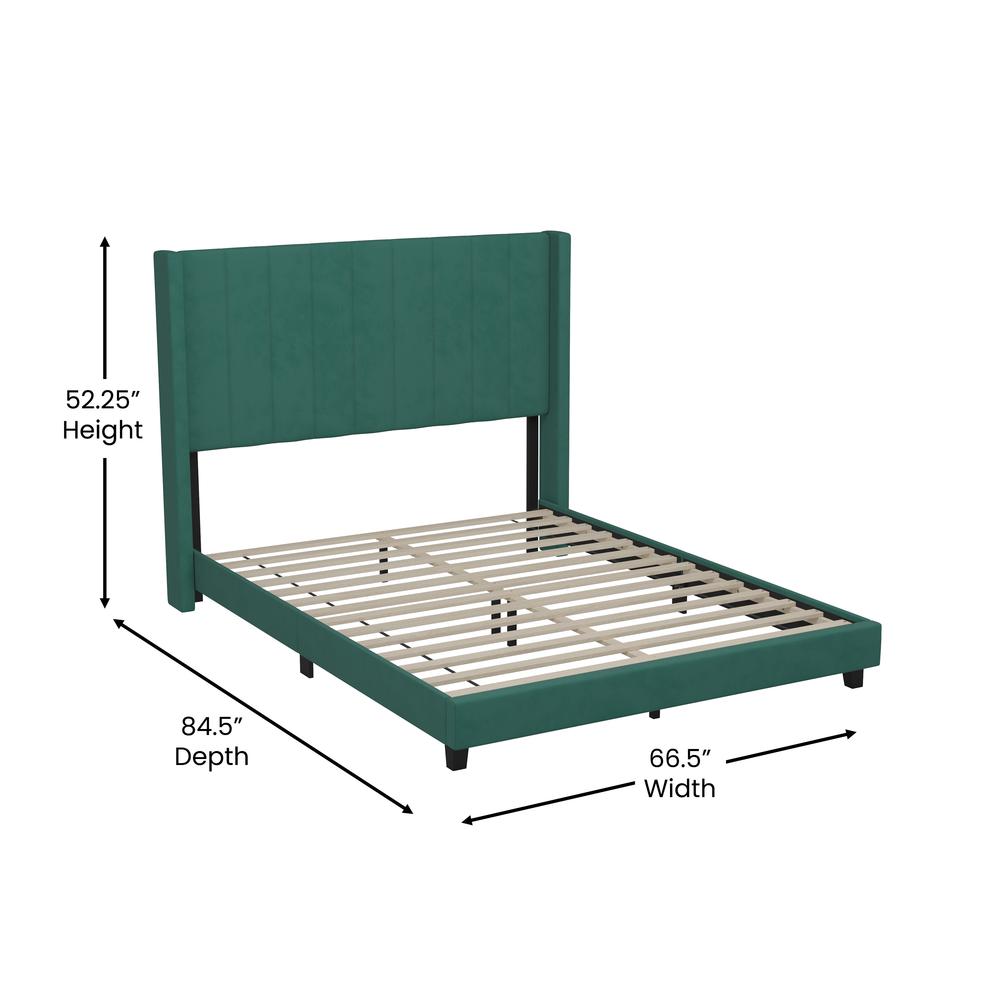 Queen Upholstered Platform Bed with Vertical Stitched Headboard, Emerald Velvet