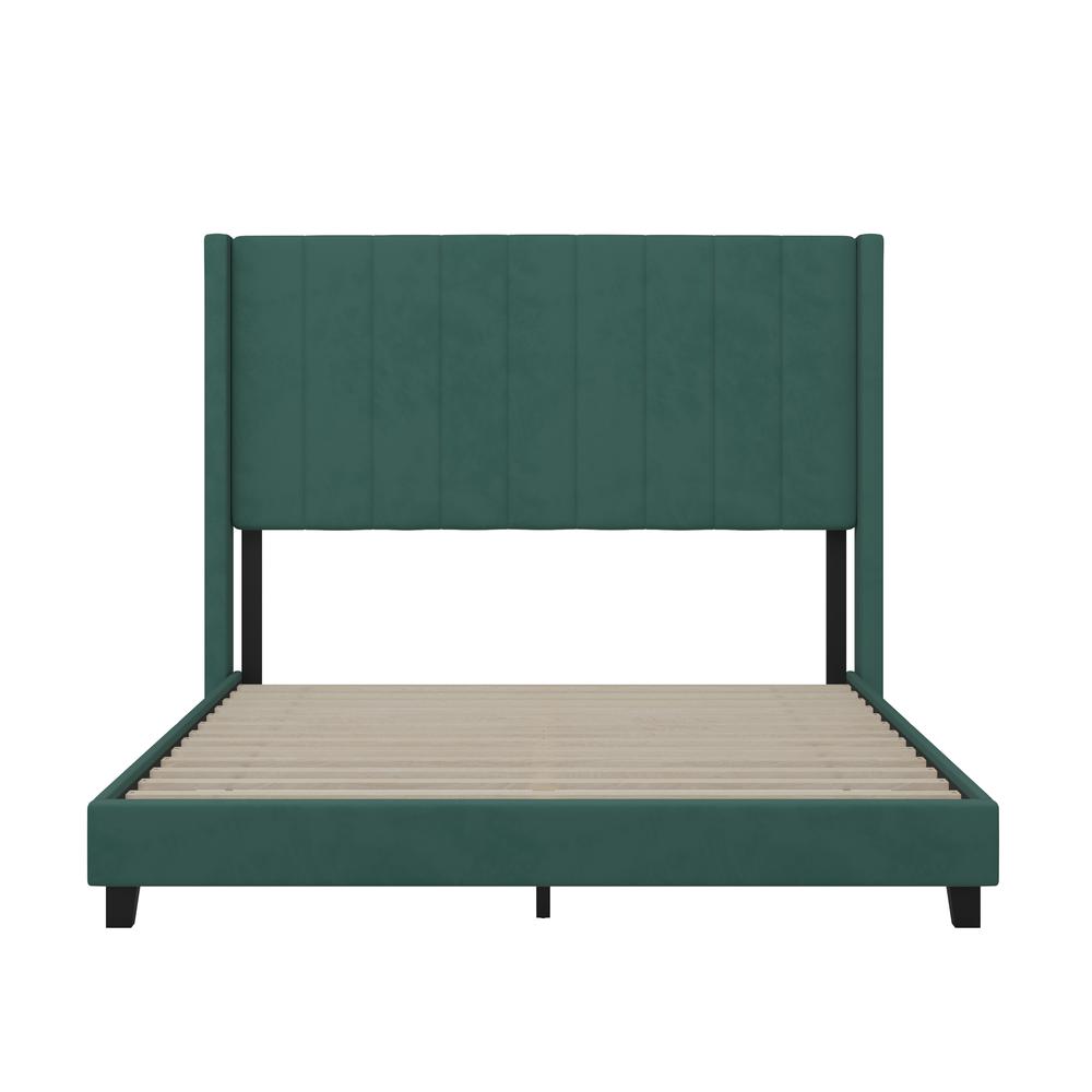Queen Upholstered Platform Bed with Vertical Stitched Headboard, Emerald Velvet