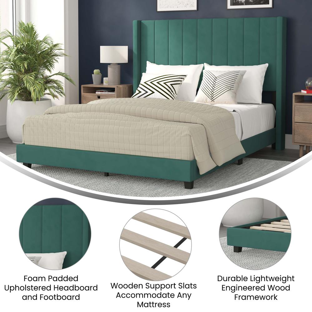 Queen Upholstered Platform Bed with Vertical Stitched Headboard, Emerald Velvet