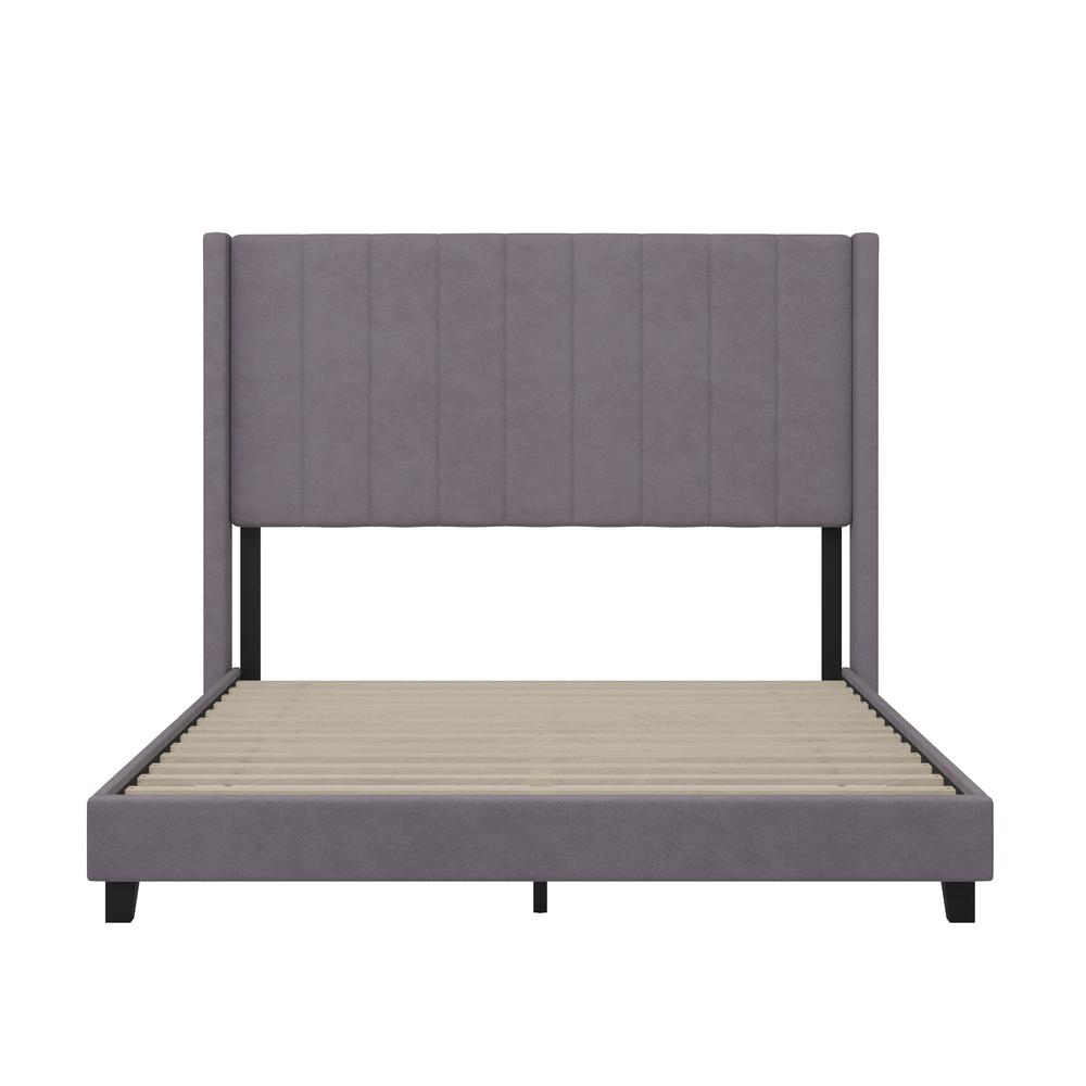 Queen Upholstered Platform Bed with Vertical Stitched Headboard, Grey Velvet
