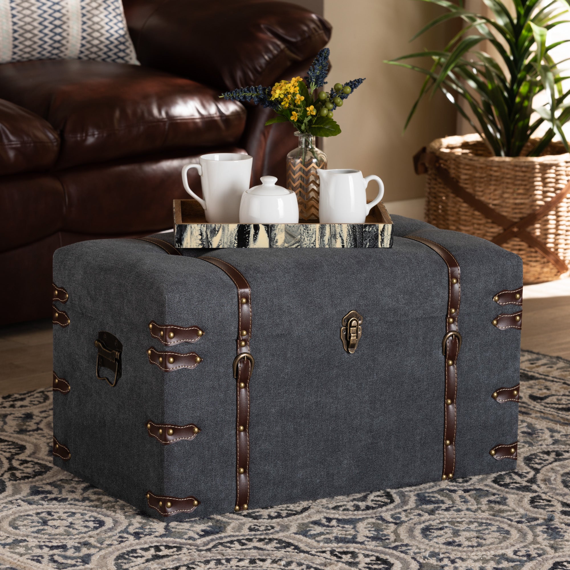 Palma Modern and Contemporary Transitional Grey Fabric Upholstered Storage Trunk Ottoman