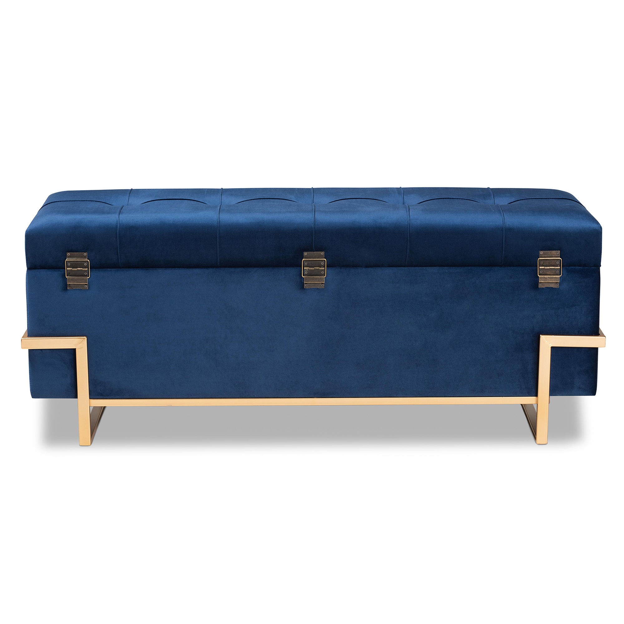 Parker and Navy Blue Velvet Upholstered and Gold Metal Finished Storage Ottoman