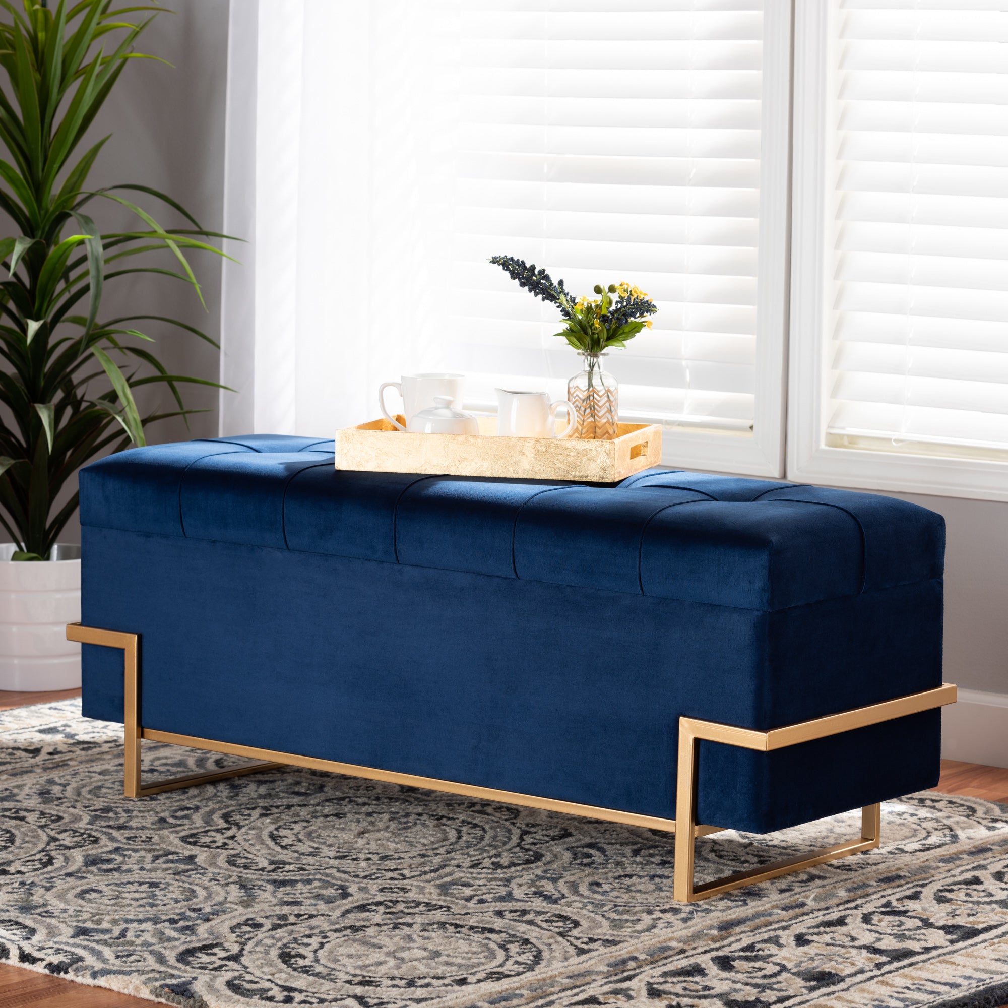 Parker and Navy Blue Velvet Upholstered and Gold Metal Finished Storage Ottoman