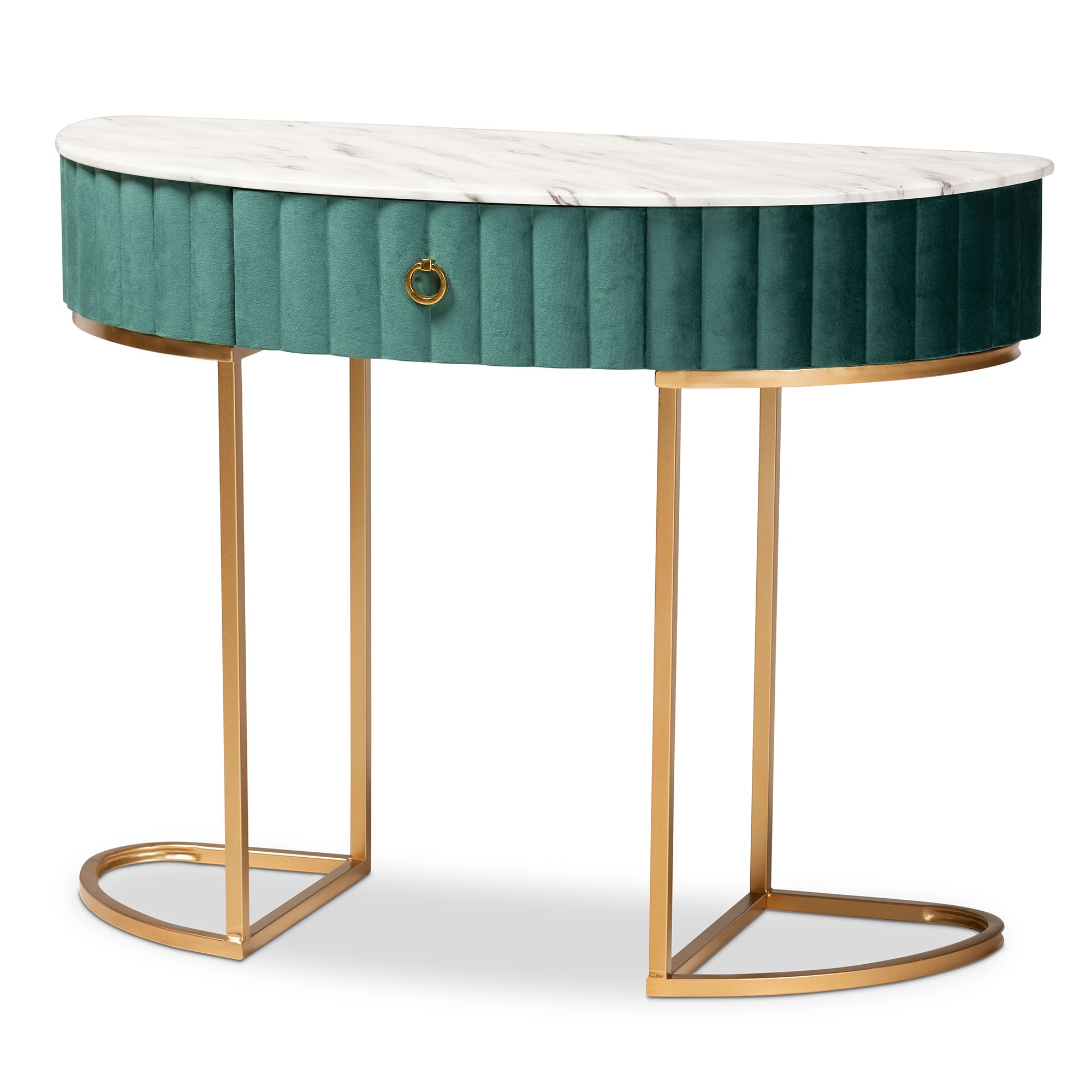 Beale and Green Velvet Upholstered and Brushed Gold Finished 1-Drawer Console Table with Faux Marble Tabletop
