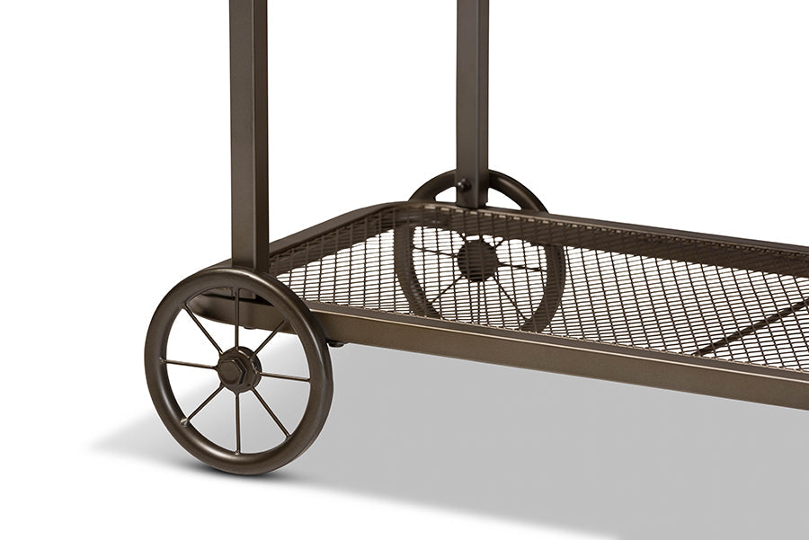 Terence Vintage Rustic Industrial Natural Finished Wood and Black Finished Metal Wheeled Console Table