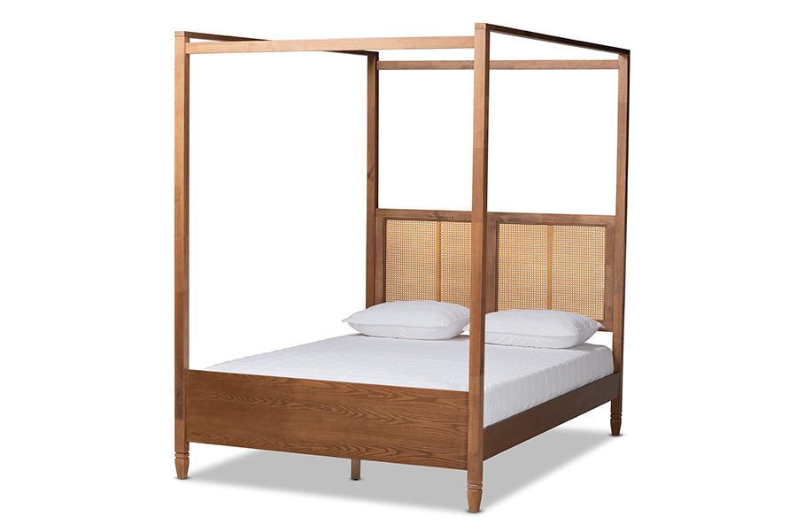 Malia Walnut Brown Finished Wood and Synthetic Rattan Queen Size Canopy Bed