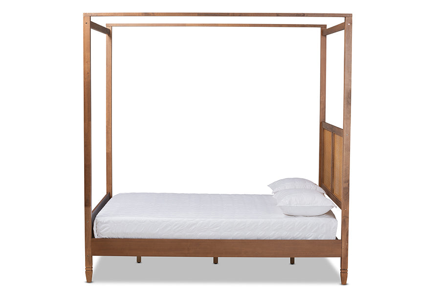 Malia Walnut Brown Finished Wood and Synthetic Rattan Queen Size Canopy Bed