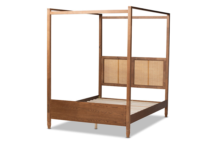 Malia Walnut Brown Finished Wood and Synthetic Rattan Queen Size Canopy Bed
