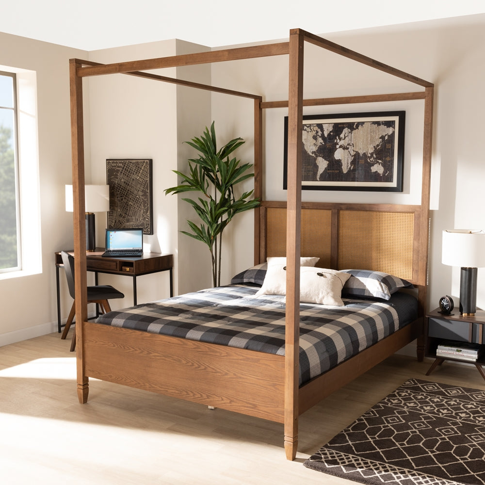 Malia Walnut Brown Finished Wood and Synthetic Rattan Queen Size Canopy Bed