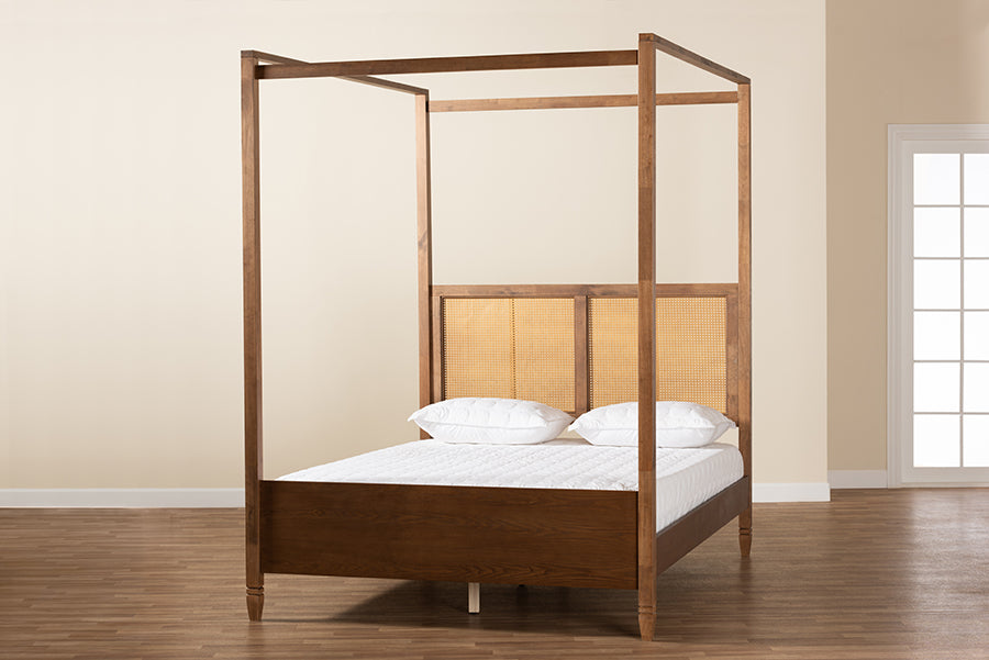 Malia Walnut Brown Finished Wood and Synthetic Rattan Queen Size Canopy Bed