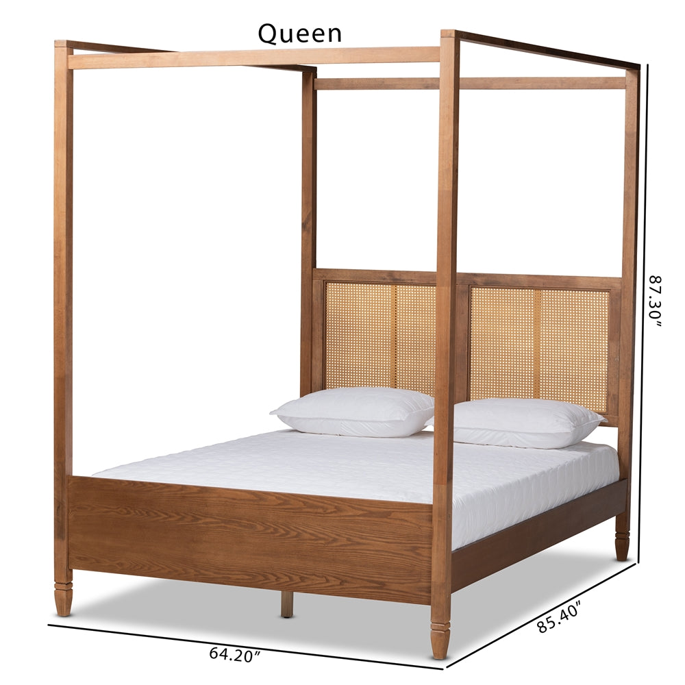 Malia Walnut Brown Finished Wood and Synthetic Rattan Queen Size Canopy Bed