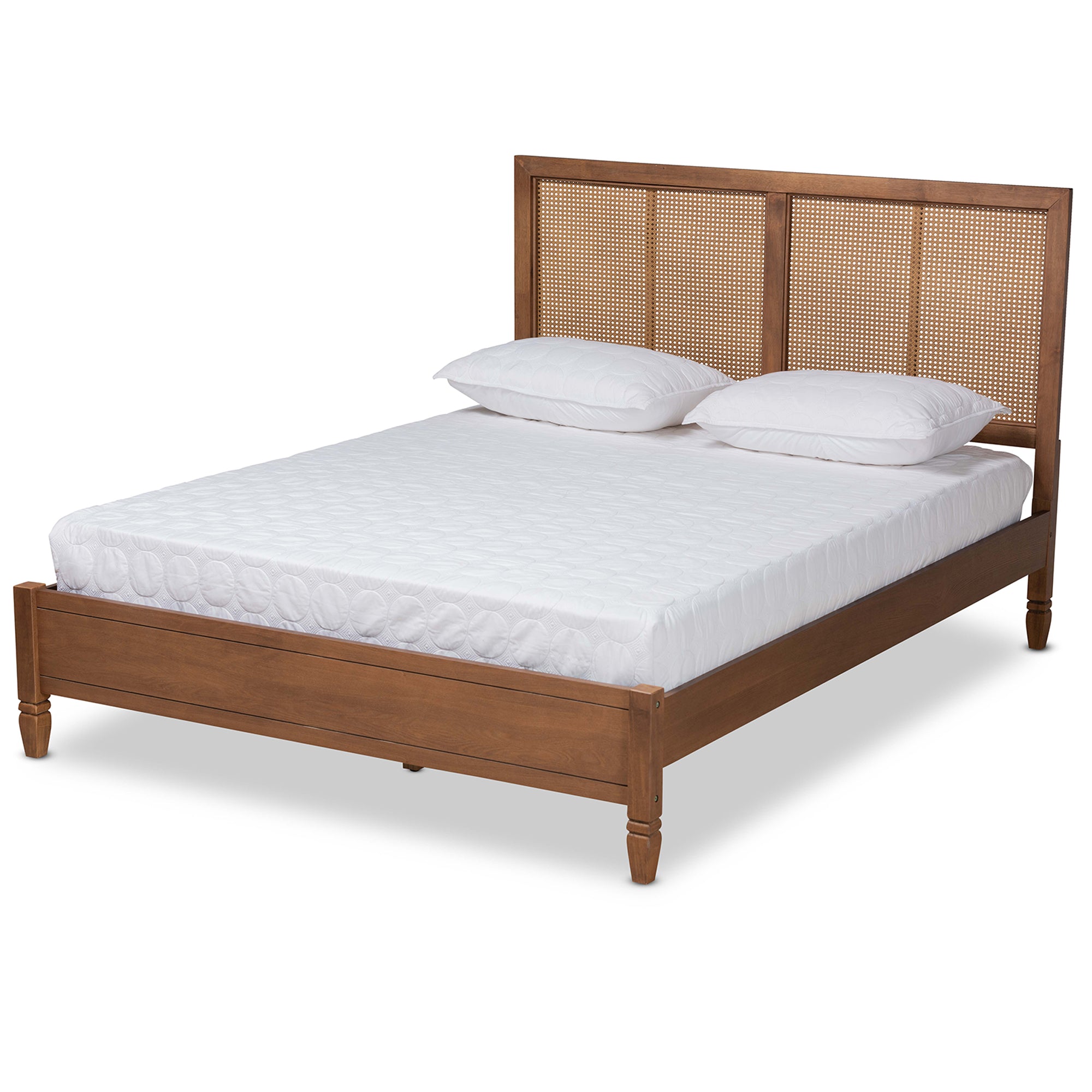 Redmond Mid-Century Modern Walnut Brown with Rattan Accent Queen Bed