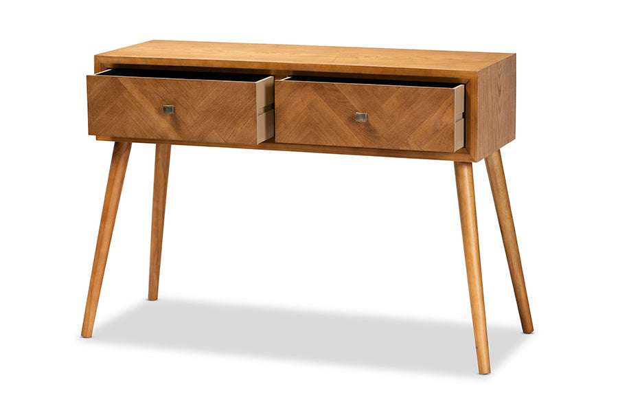 Mae Mid-Century Modern Natural Brown Finished Wood 2-Drawer Console Table