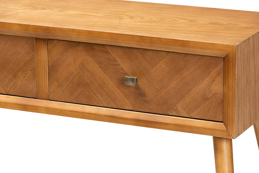 Mae Mid-Century Modern Natural Brown Finished Wood 2-Drawer Console Table