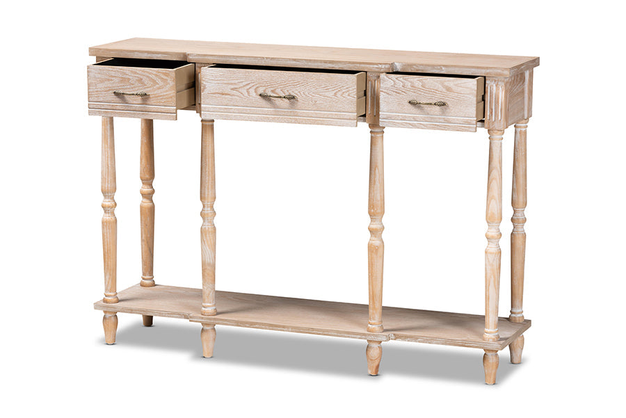 Hallan Classic and Traditional French Provincial Rustic Whitewashed Oak Brown Finished Wood 3-Drawer Console Table