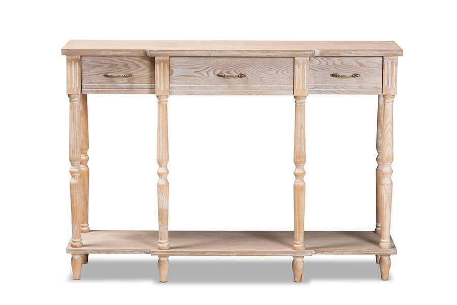 Hallan Classic and Traditional French Provincial Rustic Whitewashed Oak Brown Finished Wood 3-Drawer Console Table