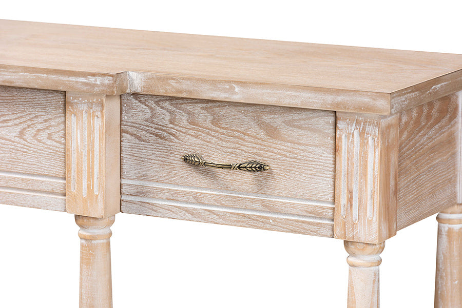 Hallan Classic and Traditional French Provincial Rustic Whitewashed Oak Brown Finished Wood 3-Drawer Console Table