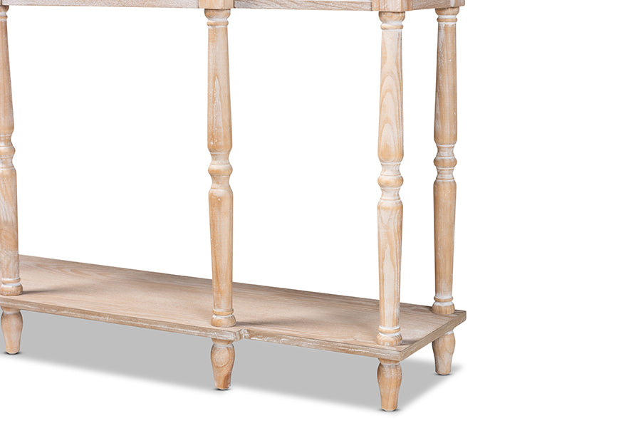 Hallan Classic and Traditional French Provincial Rustic Whitewashed Oak Brown Finished Wood 3-Drawer Console Table