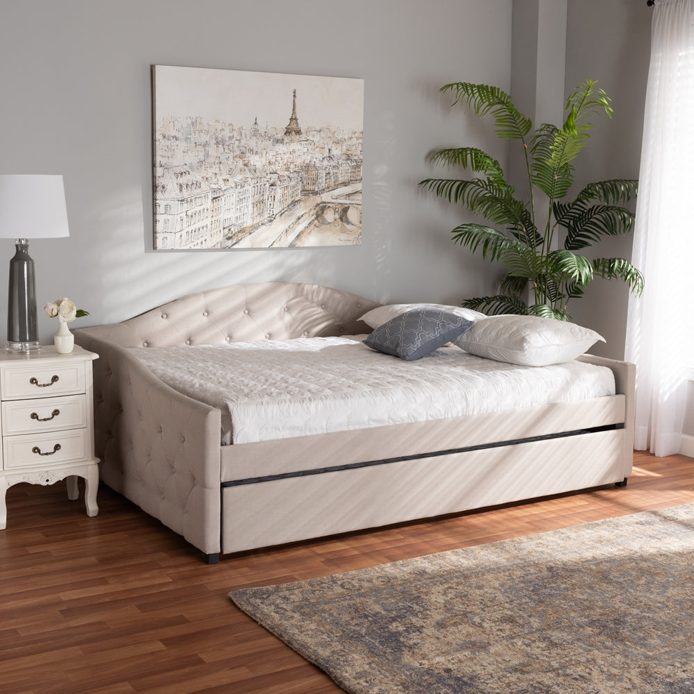 Becker Modern and Contemporary Transitional Beige Fabric Upholstered Queen Size Daybed with Trundle