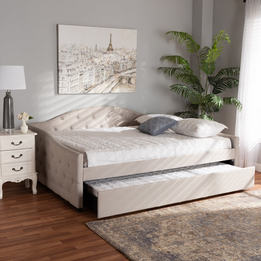 Becker Modern and Contemporary Transitional Beige Fabric Upholstered Queen Size Daybed with Trundle