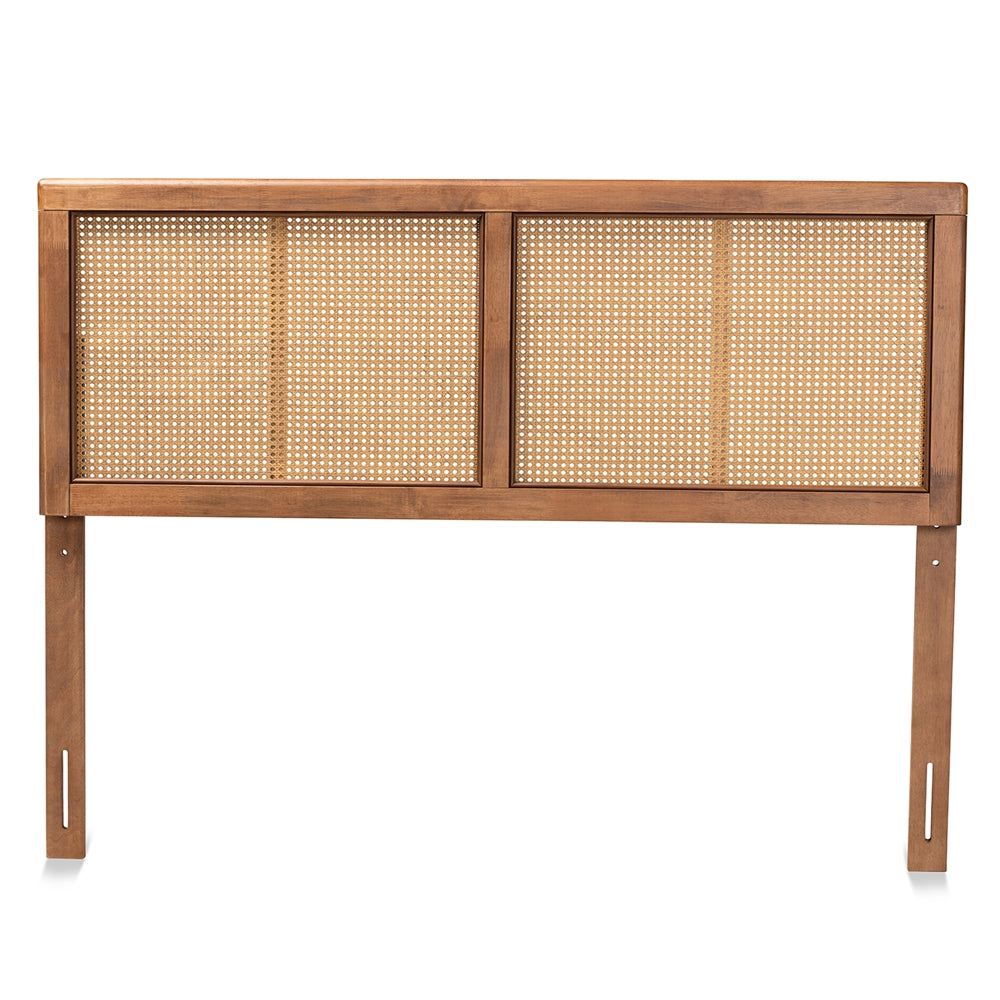 Gilbert Mid-Century Modern Ash Walnut Finished Wood and Synthetic Rattan Queen Size Headboard