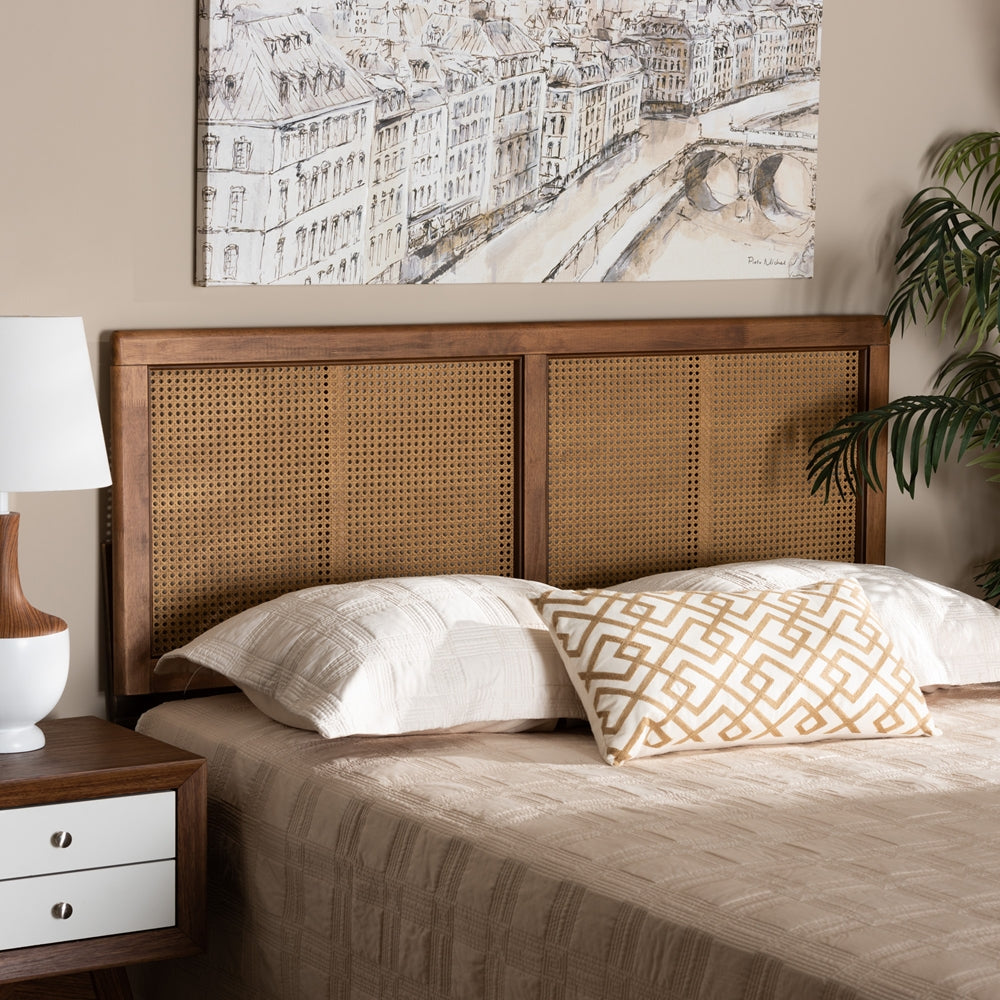 Gilbert Mid-Century Modern Ash Walnut Finished Wood and Synthetic Rattan Queen Size Headboard
