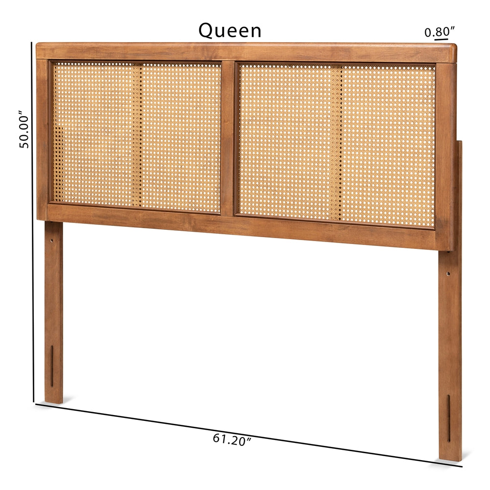 Gilbert Mid-Century Modern Ash Walnut Finished Wood and Synthetic Rattan Queen Size Headboard