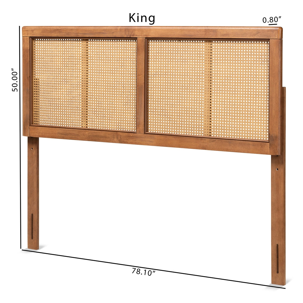 Gilbert Mid-Century Modern Ash Walnut Finished Wood and Synthetic Rattan King Size Headboard