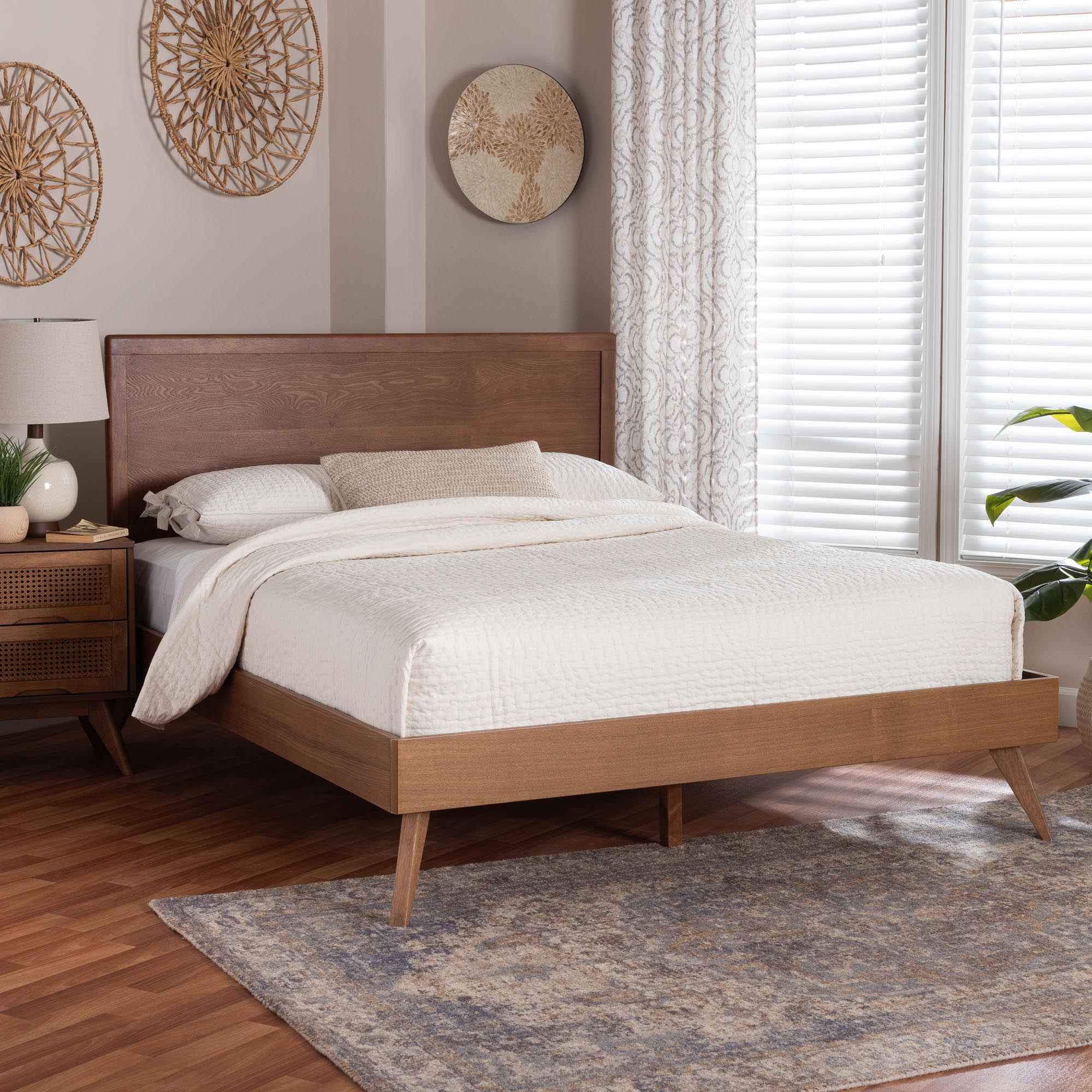 Jiro Platform Bed - Mid-Century Modern Wood Bed Frame with Panel Headboard and Angled Legs for Bedroom or Guest Room, Queen