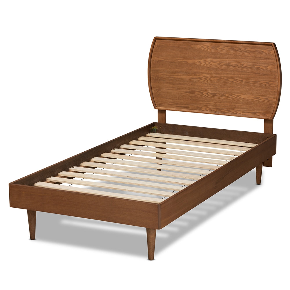 Salazar Twin Size Walnut Brown Platform Bed – Mid-Century Modern Wood Frame with Slat Support