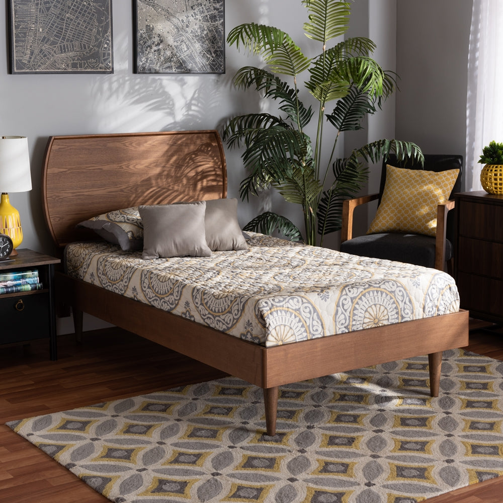 Salazar Twin Size Walnut Brown Platform Bed – Mid-Century Modern Wood Frame with Slat Support