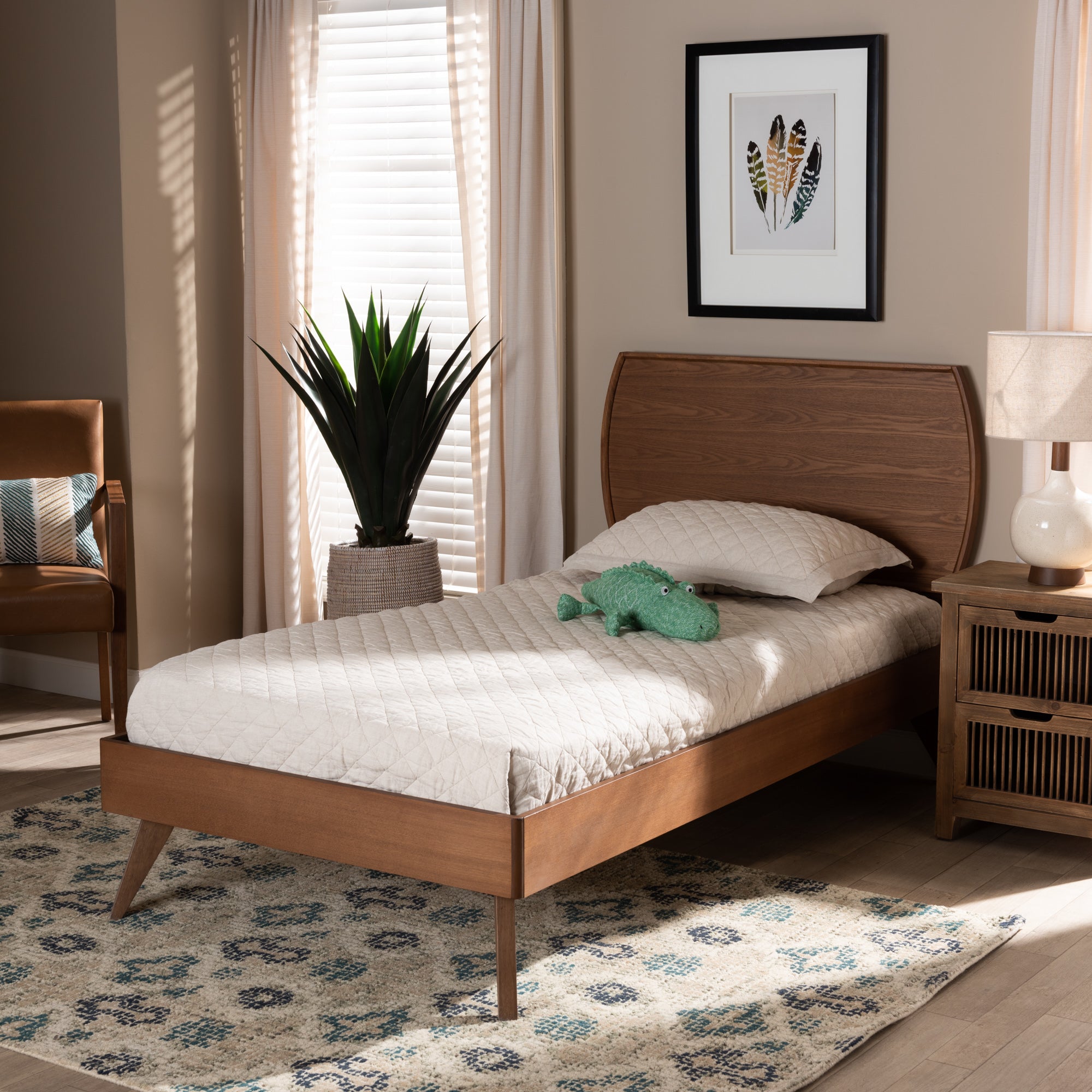 Averi Aimi Twin Platform Bed in Walnut Brown Wood – Mid-Century Modern Design with Slatted Base