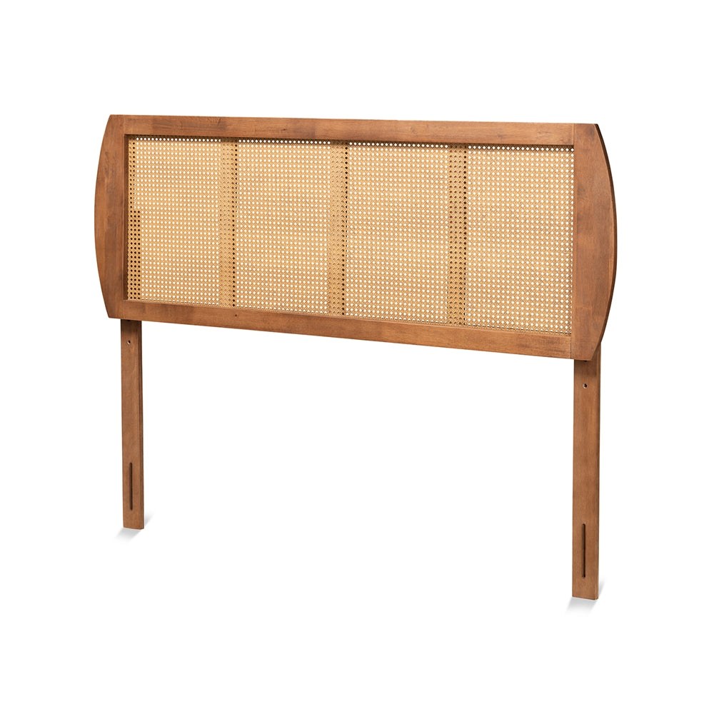 Harris Mid-Century Modern Ash Walnut Finished Wood and Synthetic Rattan Full Size Headboard
