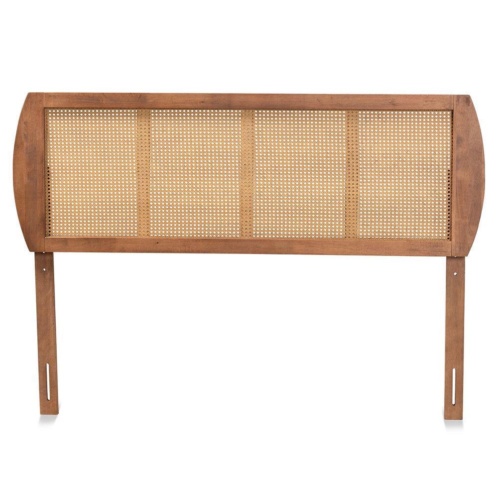 Harris Mid-Century Modern Ash Walnut Finished Wood and Synthetic Rattan Queen Size Headboard
